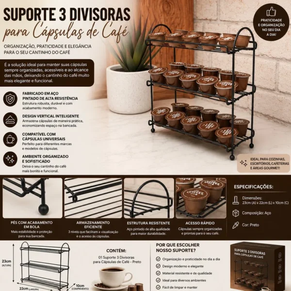 Suporte 3 Divisoras para Cápsulas de Café -Preto - 4