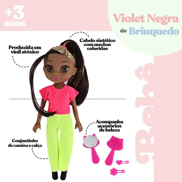 2406-7 Boneca Violet Negra 30cm com Acessórios como Pente Espelho e Prendedores de Cabelo - 7