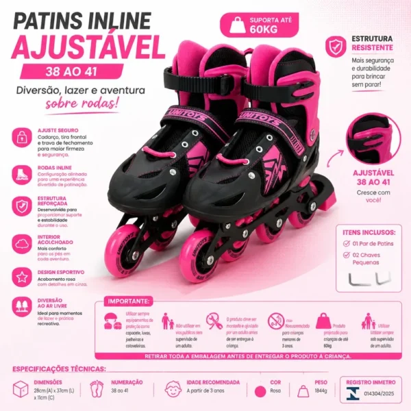 Patins Inline Ajustável Brinquedo Rodinhas Rosa