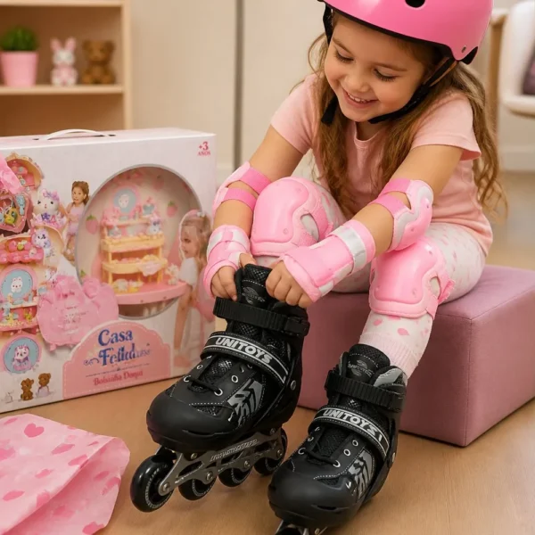 Patins Inline Ajustável Brinquedo Rodinhas Preto