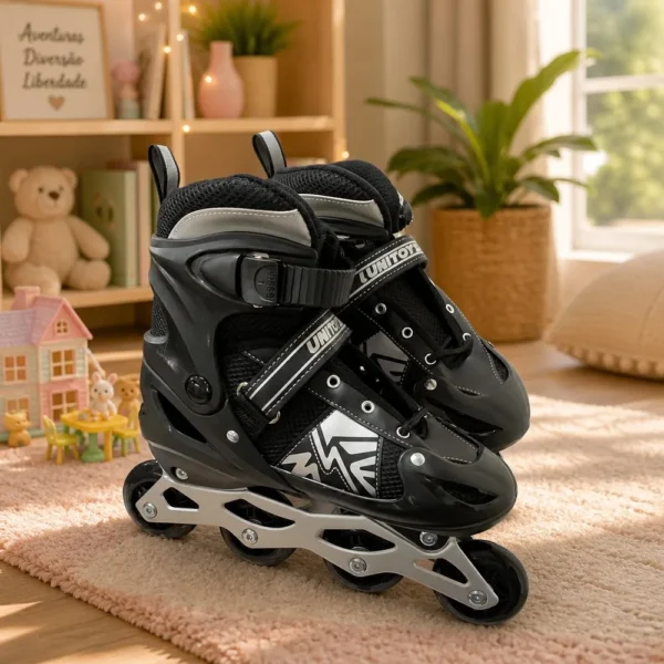 Patins Inline Ajustável Brinquedo Rodinhas Preto
