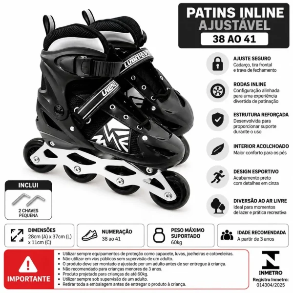 Patins Inline Ajustável Brinquedo Rodinhas Preto