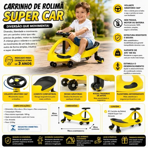 2996-4 Carrinho de Rolimã Infantil Super Car - Amarela - 4