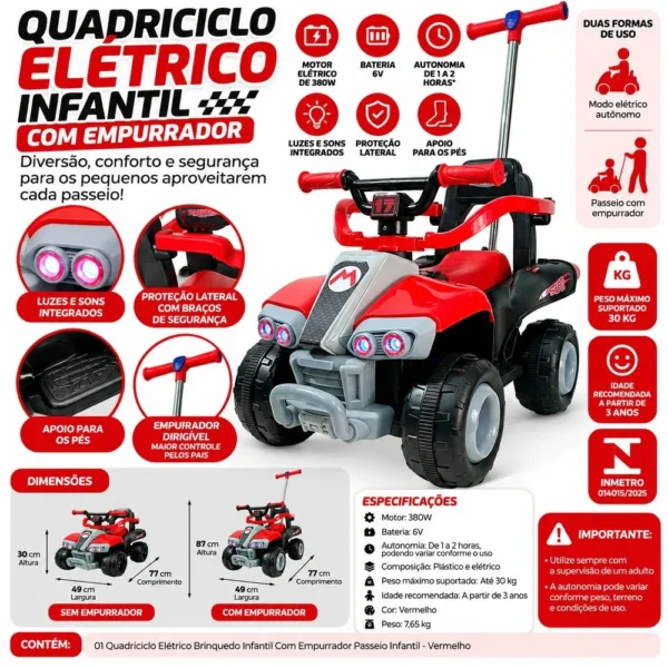 3007-4 Quadriciclo Elétrico Brinquedo Infantil Com Empurrador Passeio Infantil - Vermelho