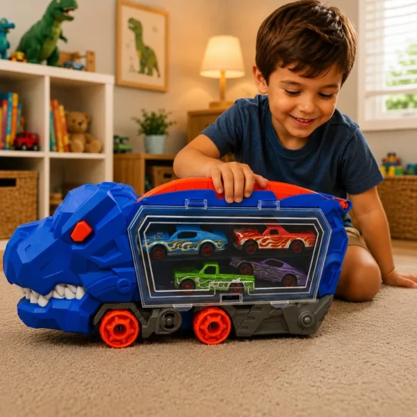 Caminhão Tiranossauro Rex com Rampa e 04 Carrinhos - Azul