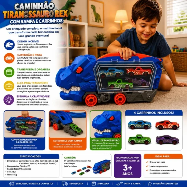 303394-4 Caminhão Tiranossauro Rex com Rampa e 04 Carrinhos - Azul - 4