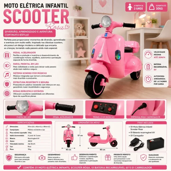 3043-3 Moto Elétrica Infantil Scooter - Rosa - 3
