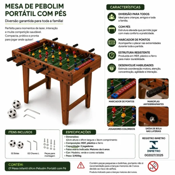 305343-3 Mesa Infantil 69cm Pebolim Portátil com Pé - 3
