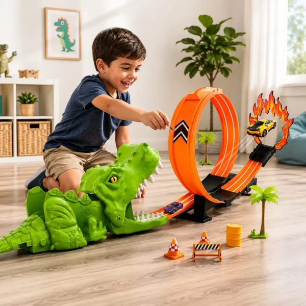 309822-1 Kit Pista Lança Carrinhos Dinossauro Looping com Carrinho de Metal