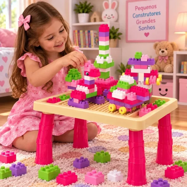 310156-2 Mesa Didática Infantil com 100 Peças Blocos de Montar e Figurinhas - Rosa - 2