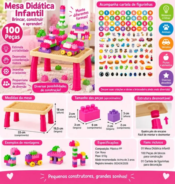 310156-4 Mesa Didática Infantil com 100 Peças Blocos de Montar e Figurinhas - Rosa - 4