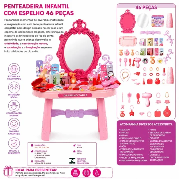 310347-6 Penteadeira Infantil de Brinquedo com Espelho 46 Peças - Rosa - 6