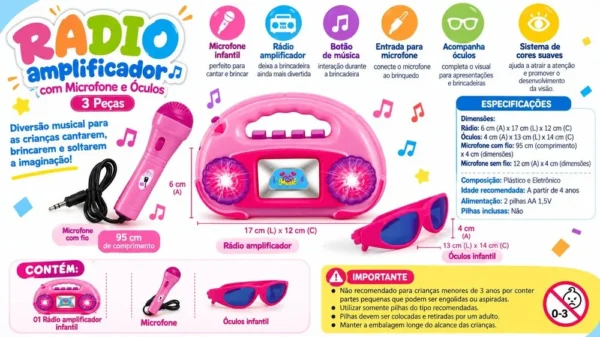 Rádio amplificador infantil Microfone Óculos infantil Rosa - 2