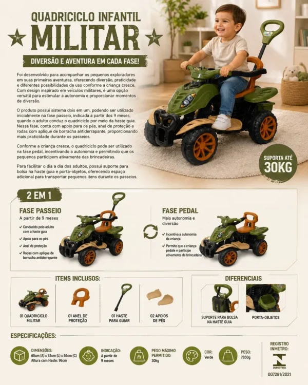 3125-5 Quadriciclo Infantil com Haste Militar - Verde - 5