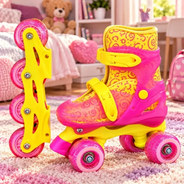 3197-1 Patins 2 em 1 Glow Girl Unitoys Quad e Inline Ajustável 34 ao 37 Brinquedo -Rosa