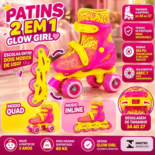 Patins 2 em 1 Glow Girl Unitoys Quad e Inline Ajustável 34 ao 37 Brinquedo -Rosa