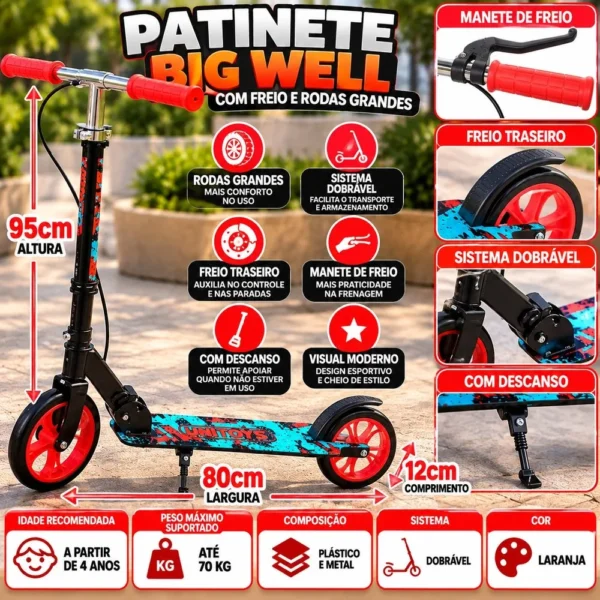3315-5 Patinete Big Well com freio Pedal Traseiro Rodas Grandes Descanso Manete -Laranja - 5