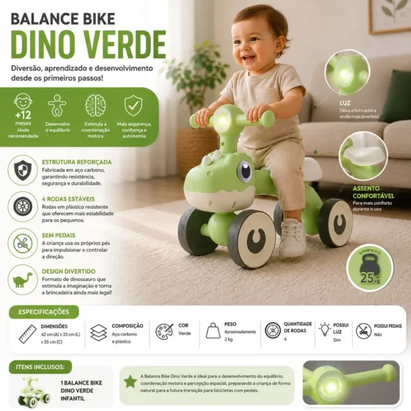 Balance Bike Dino Infantil com Luz e 4 - 2