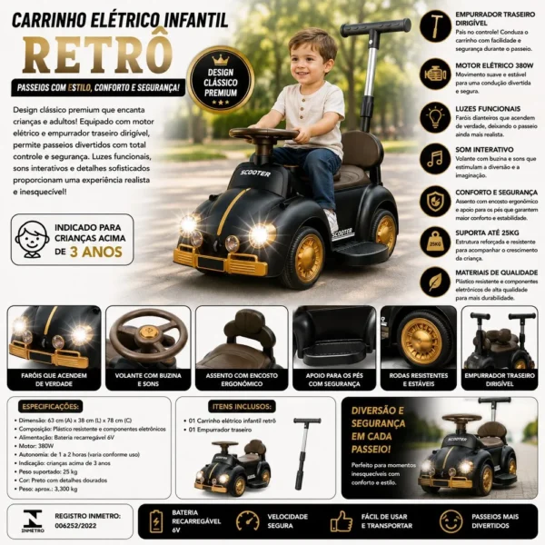 3416-4 Carrinho fusca infantil com luzes e empurrador - Preto - 4