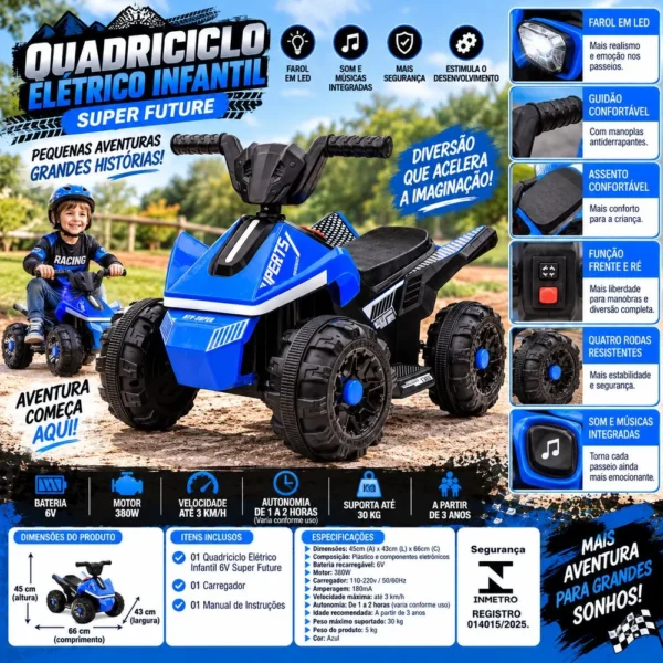 3654-1 Quadriciclo Elétrico Infantil 6V Super Future - Azul