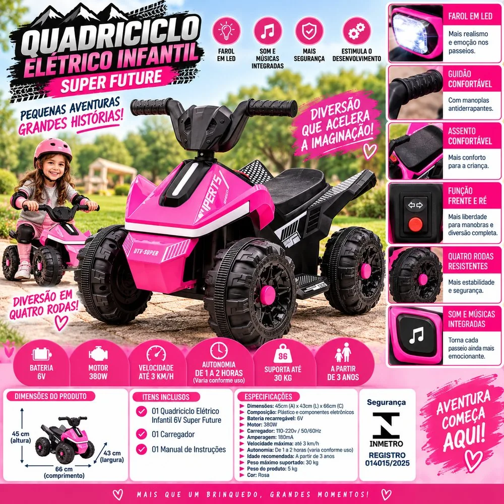 Quadriciclo Elétrico Infantil 6V Super Future - Rosa