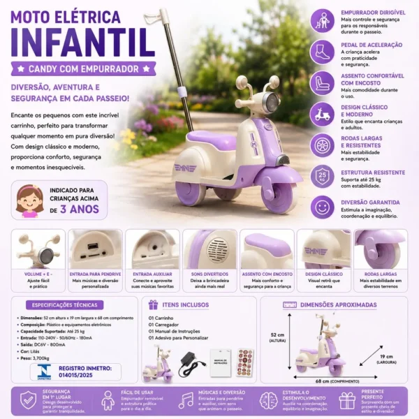 Moto Elétrica Infantil Candy com Empurrador - Lilás - 5