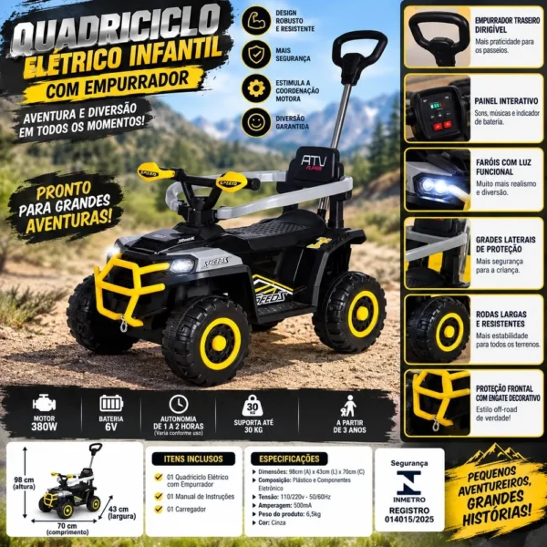 Quadriciclo Elétrico com Empurrador - Cinza - 4
