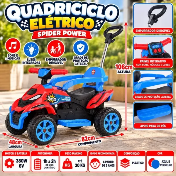 3732-5 Quadriciclo Infantil Elétrico com Empurrador Spider - Vermelho - 5