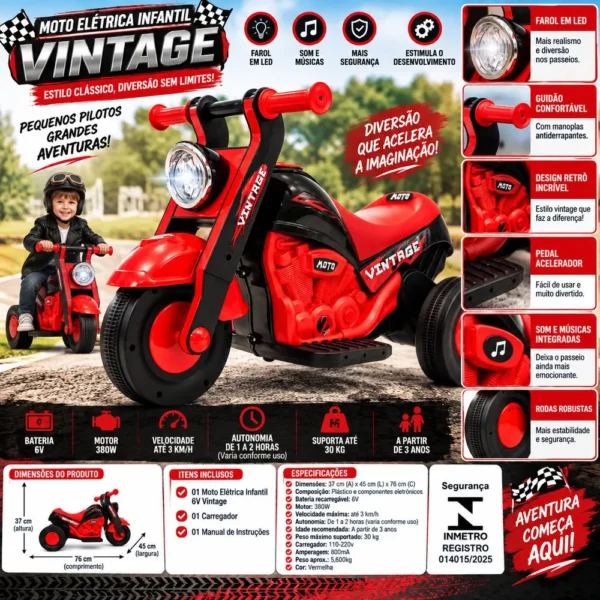 Moto Elétrica Infantil 6V Vintage - Vermelha