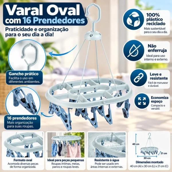6993-4 Varal Oval Com 16 Prendedores - Cinza - 4