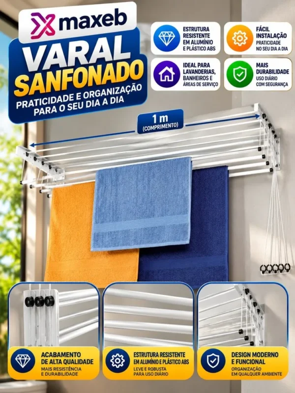 Varal 1 Metro de Parede ou Teto com 5 Varetas - Branca - 3