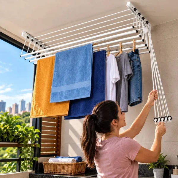 Varal de Teto em Aço 120cm com 10 Varetas - Branco