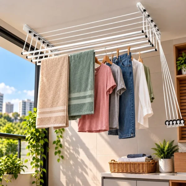 Varal de Teto em Aço 120cm com 10 Varetas - Branco - 3