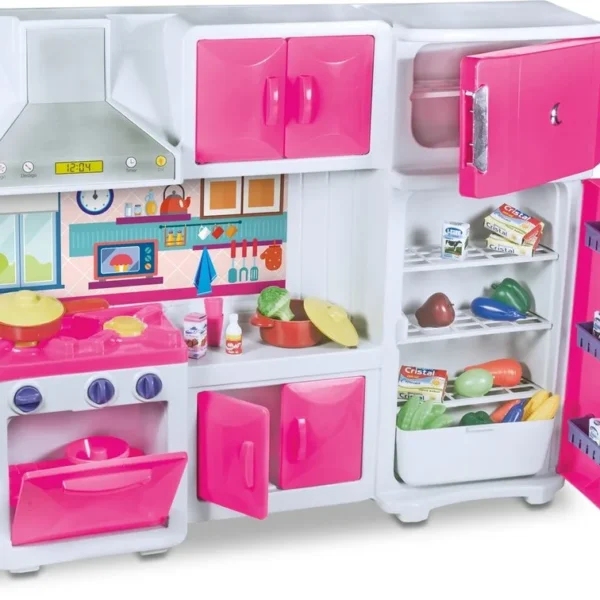 Cozinha de Brinquedo com Geladeira Armário fogão e Coifa - Rosa