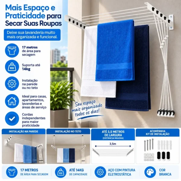 Kit Varal de Parede Aço com Corda 17m - Branca - 2