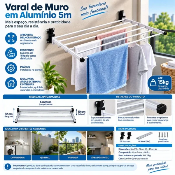 Varal de Muro em Alumínio 5m - Branca