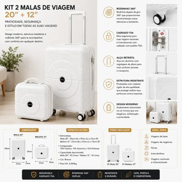 815101-6 Kit 2 Malas de Viagem 20'' e 12'' com Roda Giratório - Branca - 6