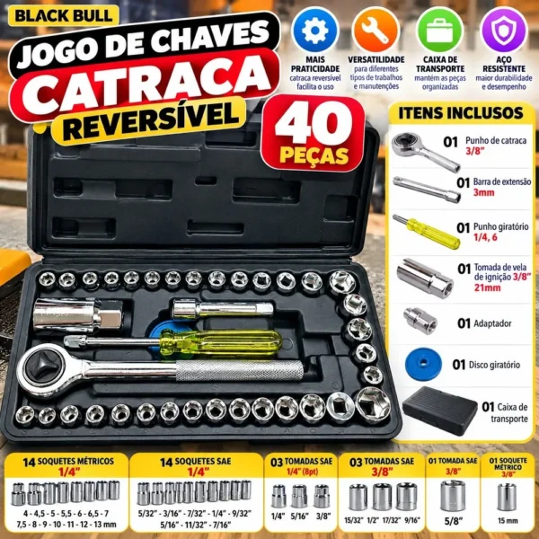 Jogo de 40 Peças Chaves Catraca Reversível Prata - 5