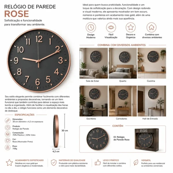 860156-1 Relógio de Parede 30cm -Rose