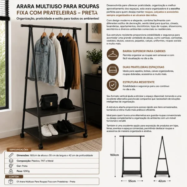 Arara Multiuso Para Roupas Fixa com Prateleiras - Preta