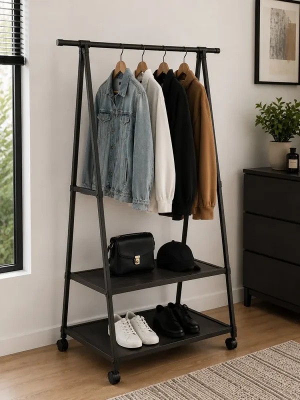 Arara Multiuso Para Roupas Fixa com Prateleiras - Preta - 2