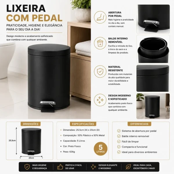 860545-4 Lixeira com Pedal e Tampa 5 Litros - Preta - 4