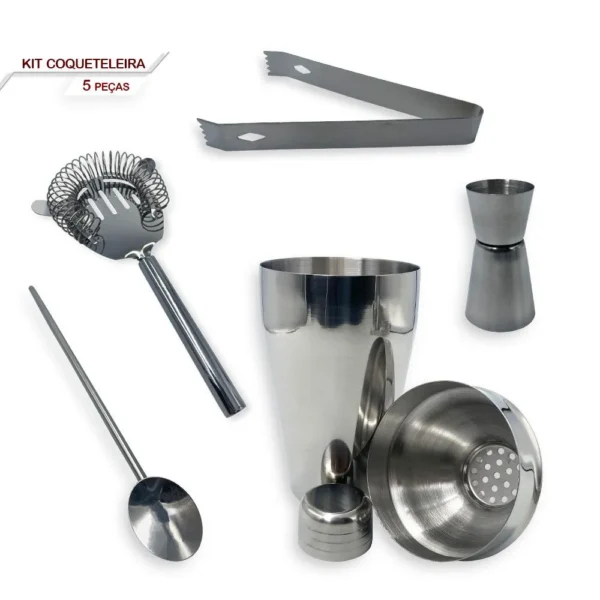Kit Bar 5pçs Coqueteleira Profissional Aço Inox 550ml Caipirinha - 5