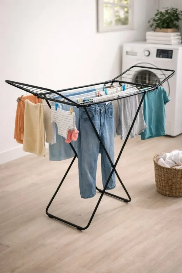 Varal Chão Dobrável Aço Com Abas Roupas Lavanderia Resistente Compacto - 2