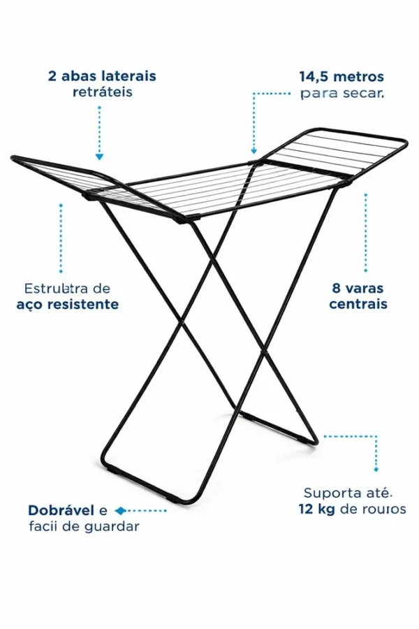 Varal Chão Dobrável Aço Com Abas Roupas Lavanderia Resistente Compacto - 4