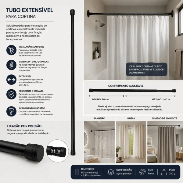 Tubo Extensível para Cortina 90cm a 1,40m -Preto - 2