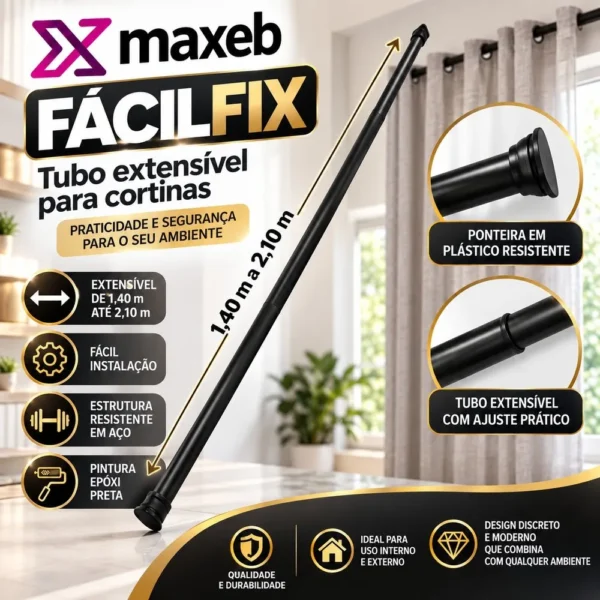 9803-5 Tubo Extensível para Cortina 90cm a 2,10m - Preto - 5