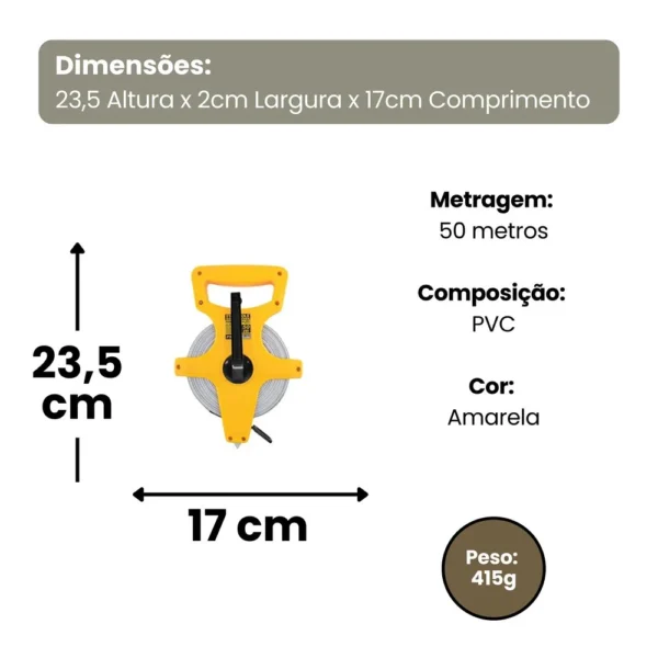 Fita Métrica com Manivela e Alça 50 Metros - Amarela - 5