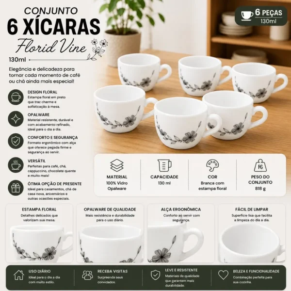 CO0540093-1 Conjunto 6 Xícaras Florid Vine 130ml - Branca