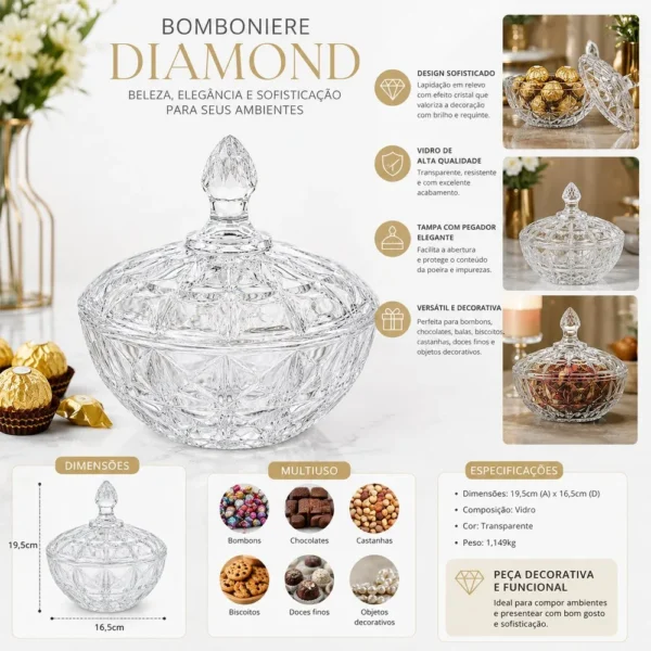CO2313751-1 Bomboniere Diamond de Vidro com Tampa 19,5cm